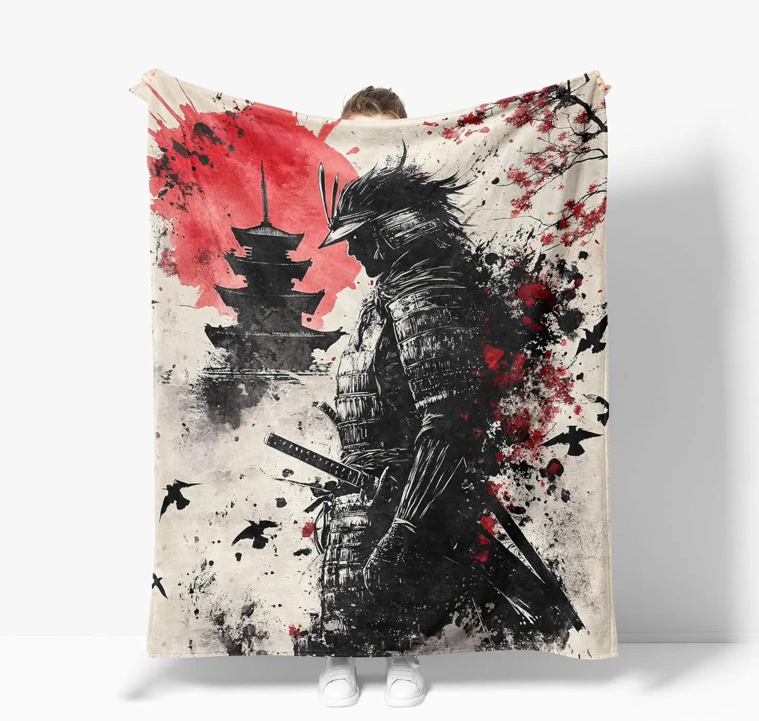 Splatter Ink Asian Samurai Tower Cherry Blossom Black Crow Retro Throw Blanket Soft Travel Fashion Warm Household Present