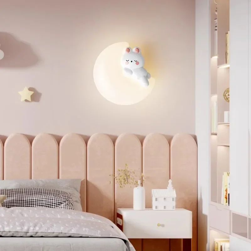 Children's Bedroom LED Wall Lamp Cartoon Rabbit Design Warm Lighting for Boy Girl Room Cream Wind Bedside Background Light