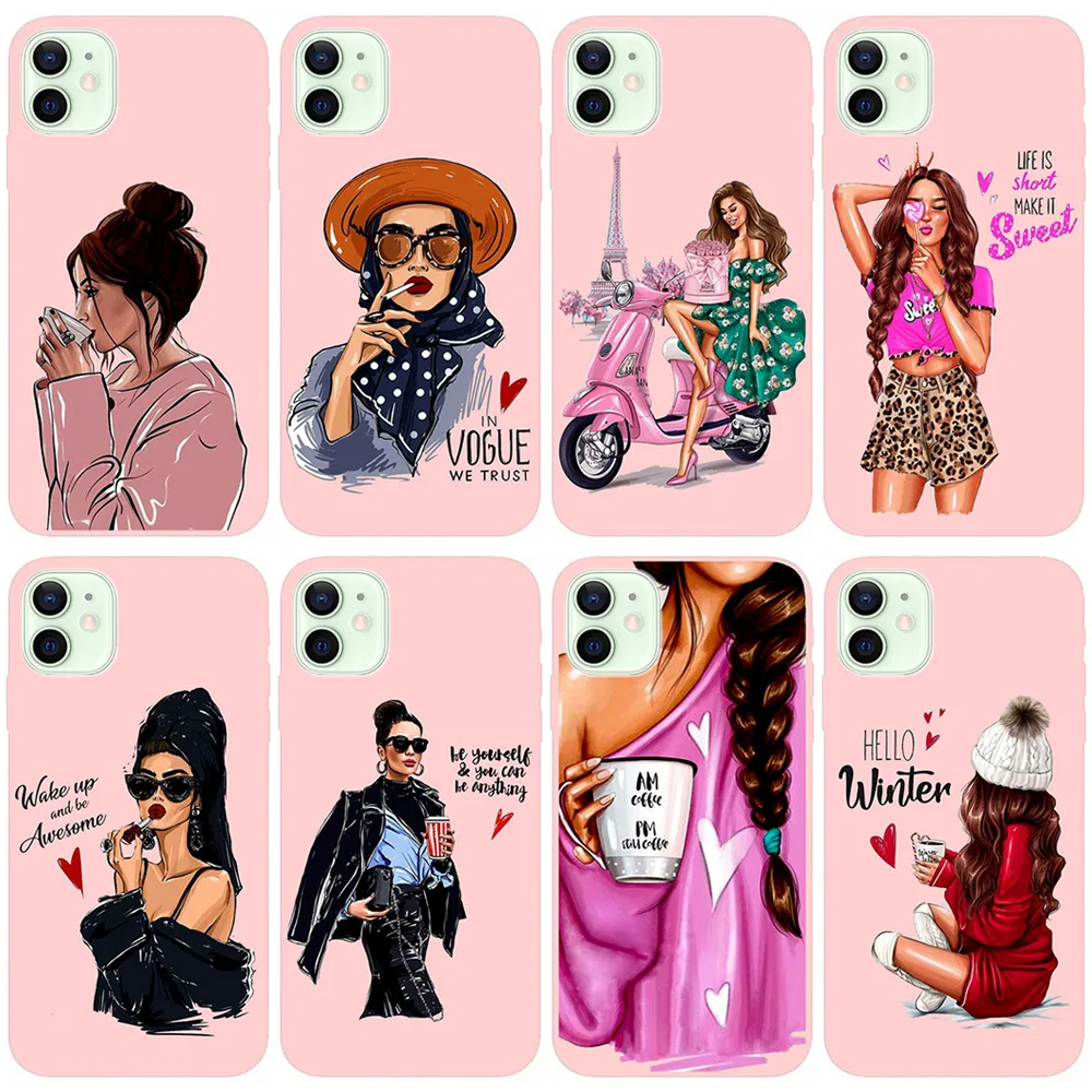 Suitable for iPhone15 fashion hand-drawn girl XR pink matte soft case cross-border new Internet celebrity girlfriend phone case