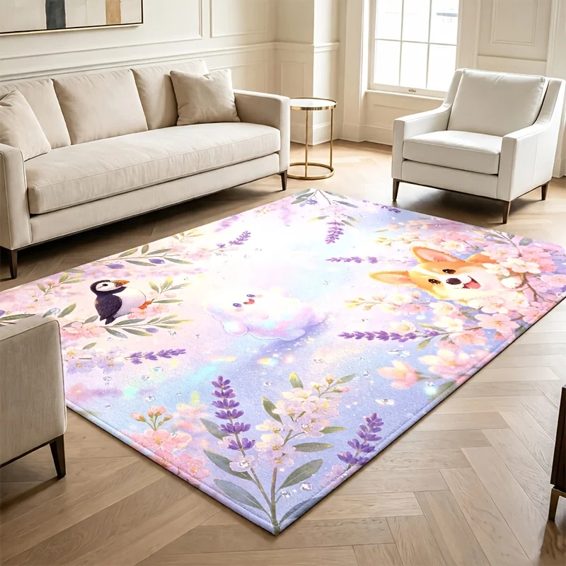 Corgi Puffin Animal Area Rug Lavender Cherry Blossom Dreamy Pastel Floral Print Large Floor Carpet for Indoor Home Decor Carpet
