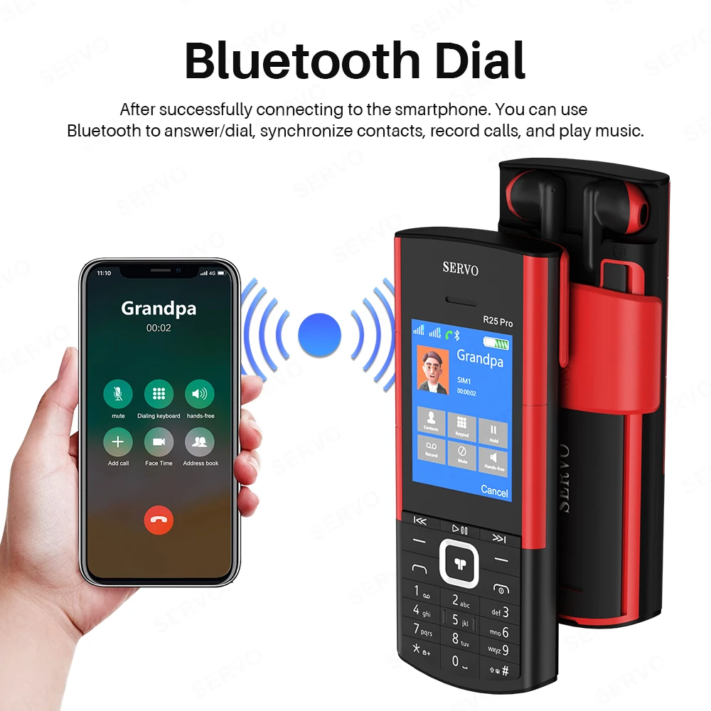 Servo r25 pro original teléfono móvil doble SIM 2ggsm TWS super Sound lista negra Bluetooth dial Fast dial grabación automática de llamadas linterna