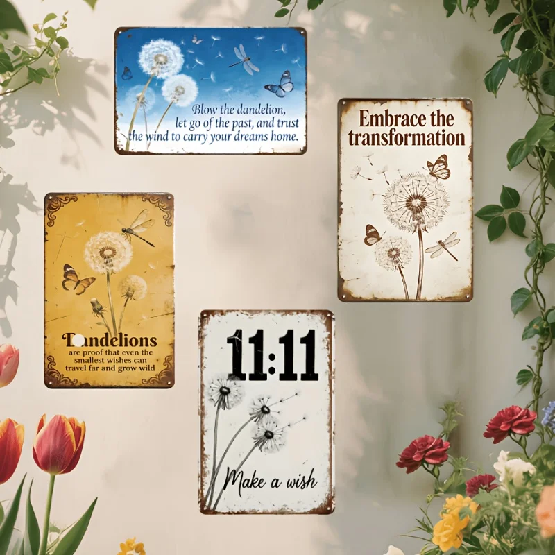 4pcs Vintage 11:11 Make A Wish Decorative Sign 8 X12in Plaque With Dandelion Motif Inspirational Rustic Wall Decor For Home Porc