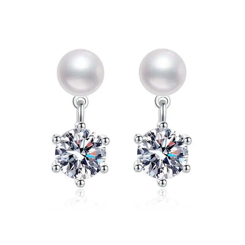 

Luxury High Quality S925 Sterling Sliver 1 Carat Moissanite Diamond Natural Freshwater Pearl Classic Six Claws Women's Earrings