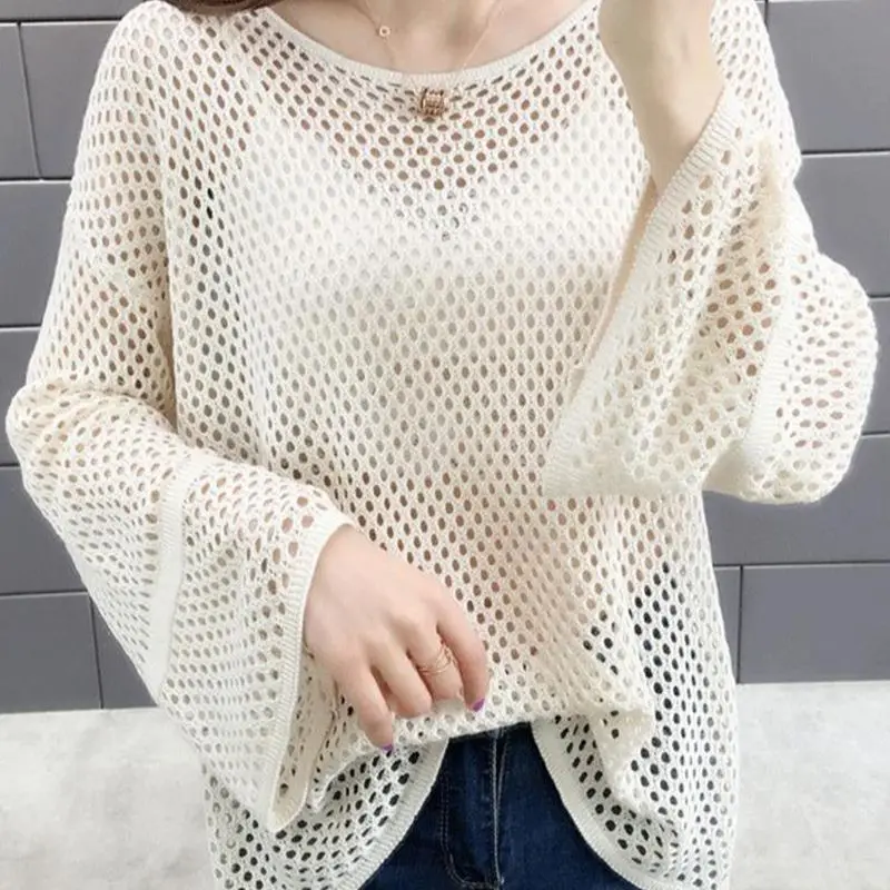 Mesh Loose New Knit Sunscreen Tee Women Korean Fashion T-shirt Hollowed Out Summer Sweater Casual Pullover Long Sleeve Tops