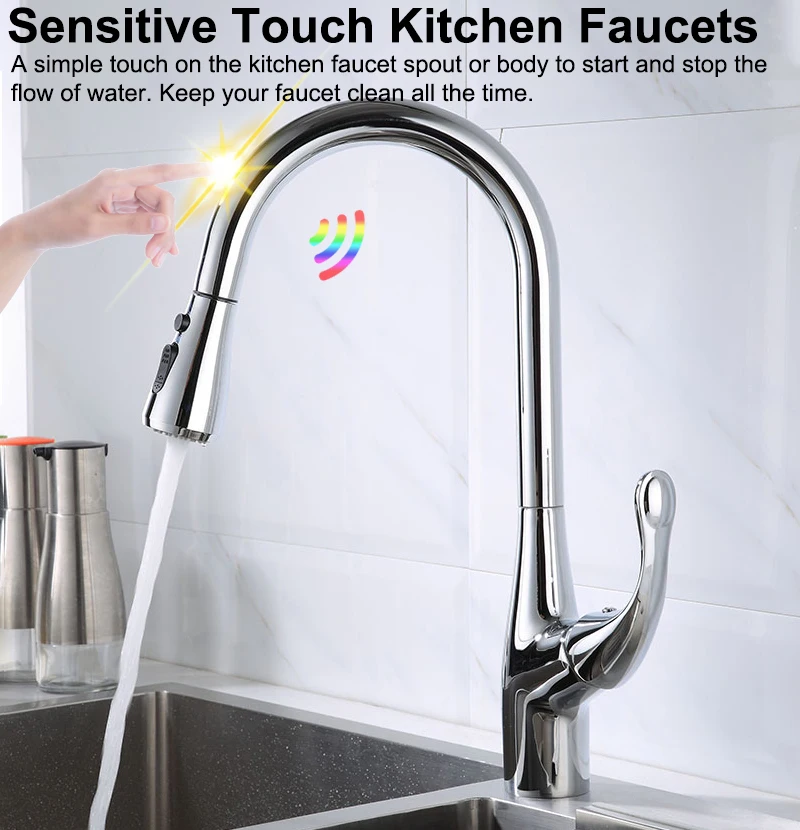 Brass Touch on Kitchen Fauct with Pull Down Hot Cold Kitchen Sink Mixer Tap Polished Chrome Smart Sensor Touch Kitchen Faucets