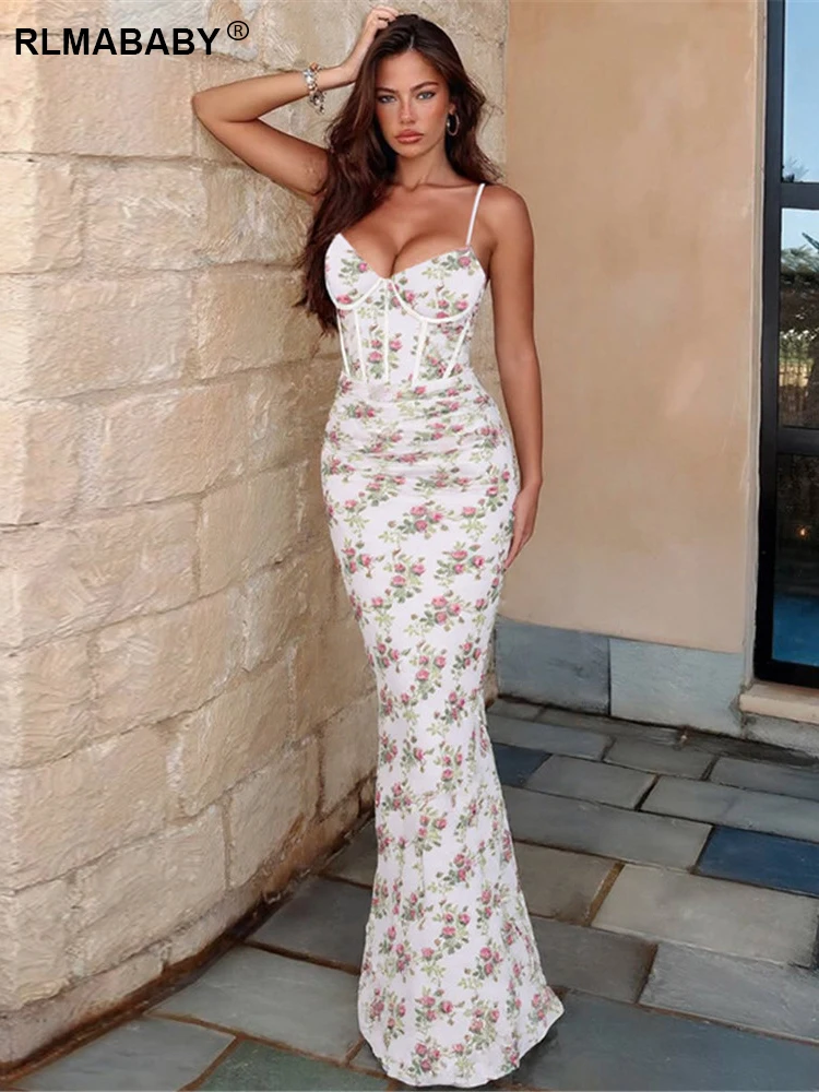 RLMABABY جديد طباعة الأزهار مشد المرأة ماكسي Bodycon فستان الصيف السباغيتي حزام عارية الذراعين ثوب أنيق مثير غمد فستان طويل #4