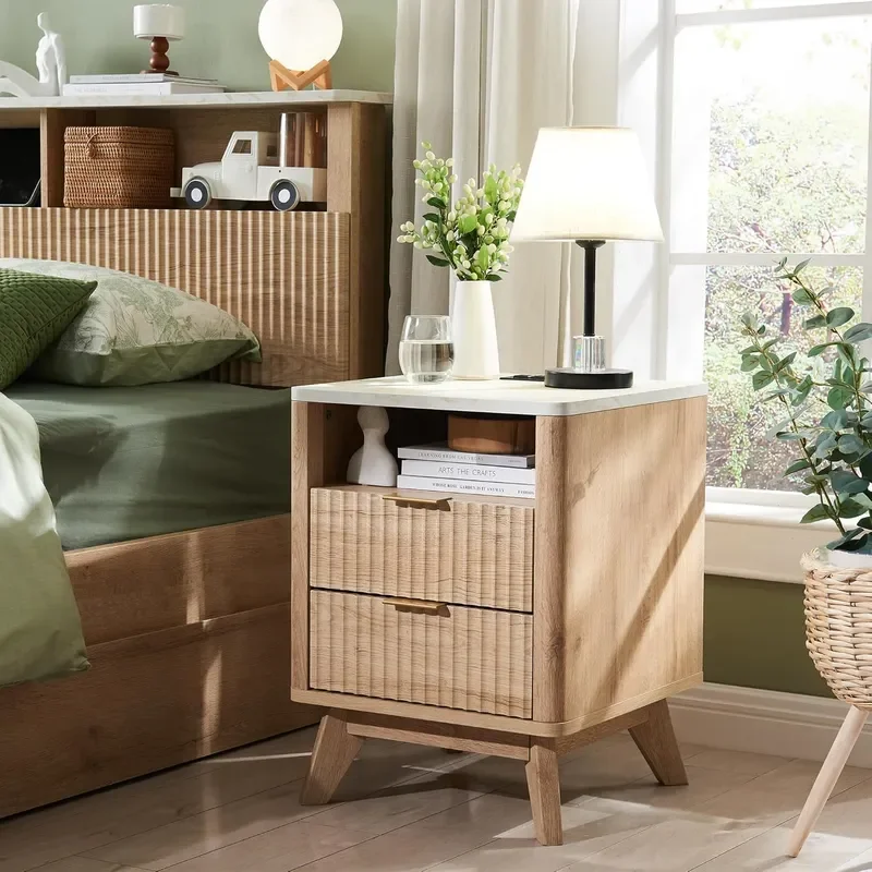 for Nordic Classic Vintage Bedroom Wooden Rectangle 2 Draw Bedside Table with Corrugated Draw and Marble Desktop Factory