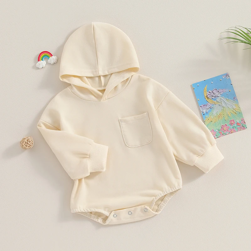 Baby Hooded Romper Long Sleeve Chest Pocket Solid Color Bodysuit Newborn Playsuit