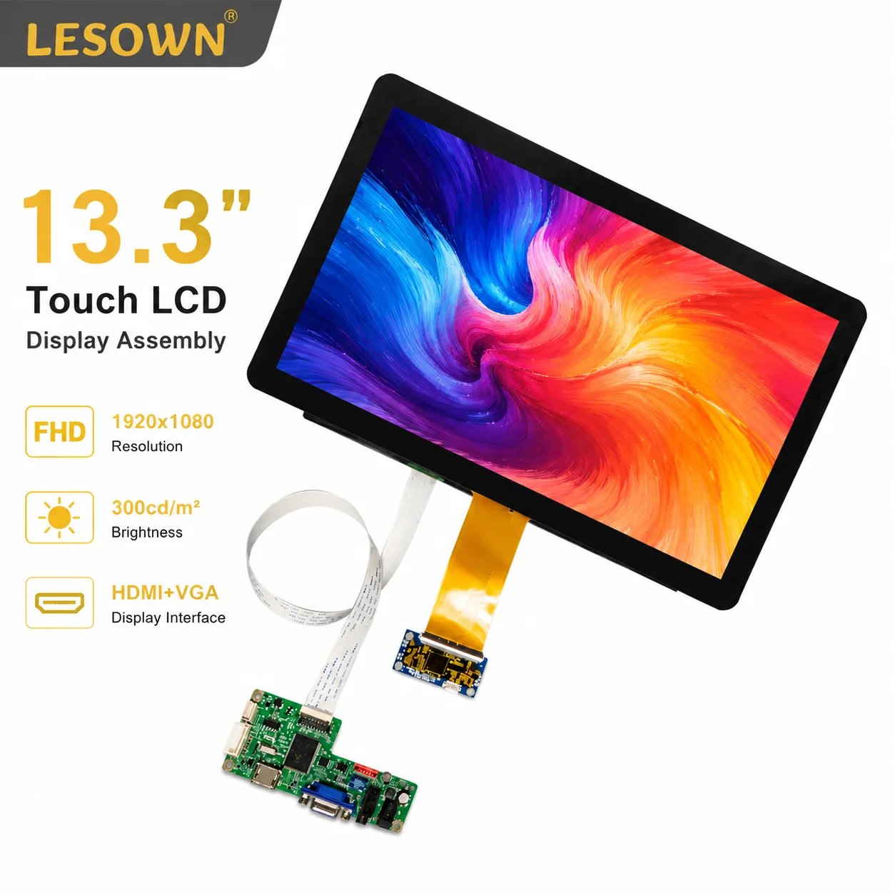 LESOWN 13.3inch Pantalla LCD Touch Monitor Panel 1920x1080 FHD IPS Module Driver-Free HDTV VGA Controller Bundle with Glass