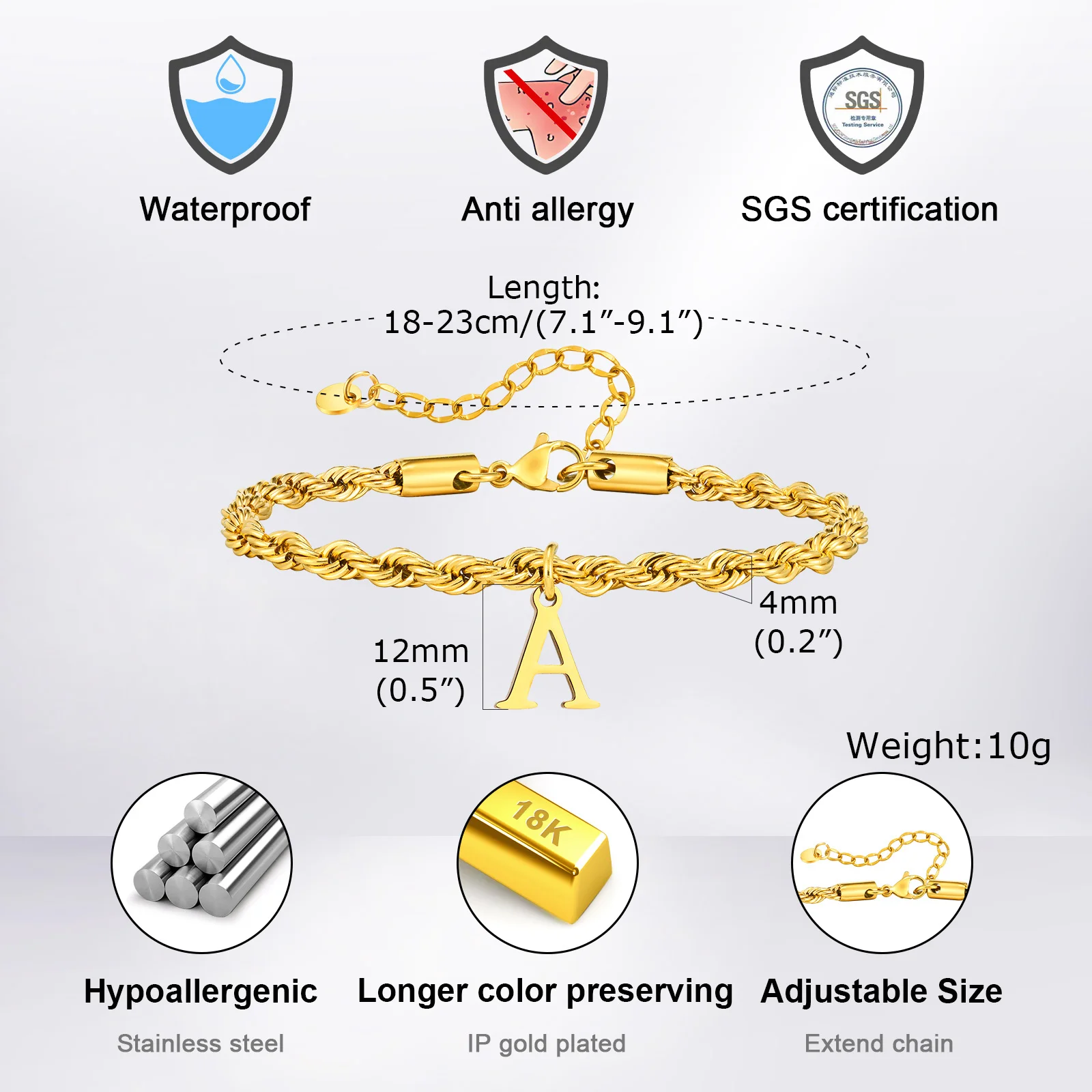 Vnox A-Z Letters Bracelets for Men, Gold Plated Stainless Steel Twisted Rope Chain Bracelet, Classic Name Bracelet Gift for Him