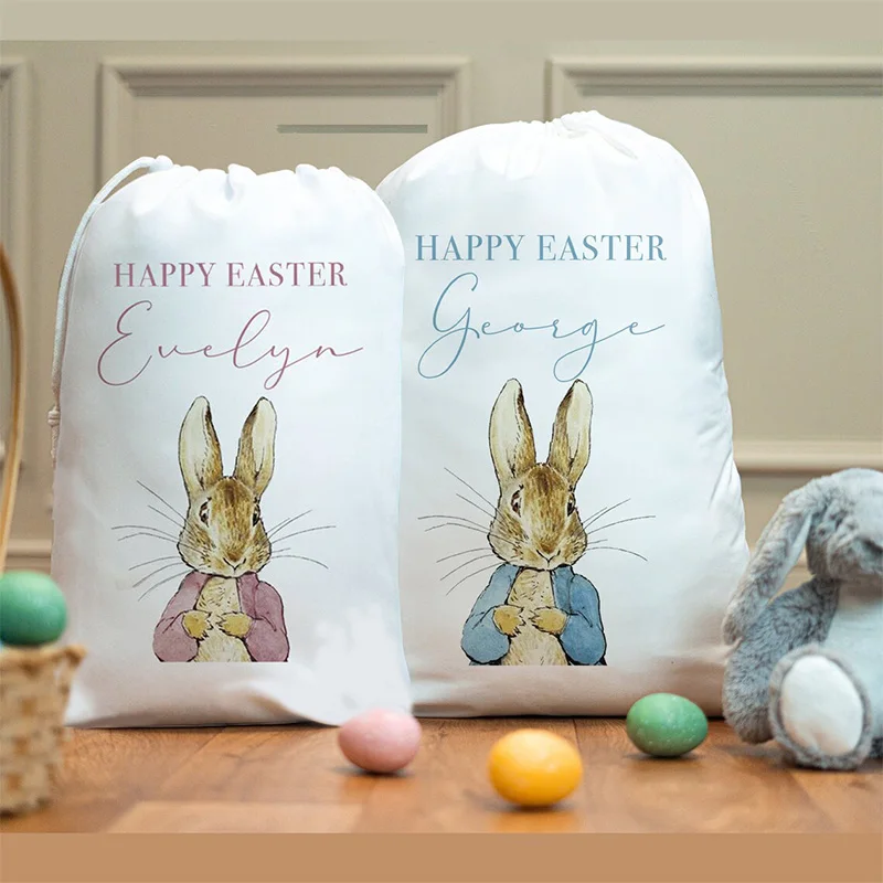 

Personalised Custom Easter Bunny Treat Bag Rabbit Happy Easter Party Decoration Egg Hunt Basket Children Kid Boy Girl Gift Sack