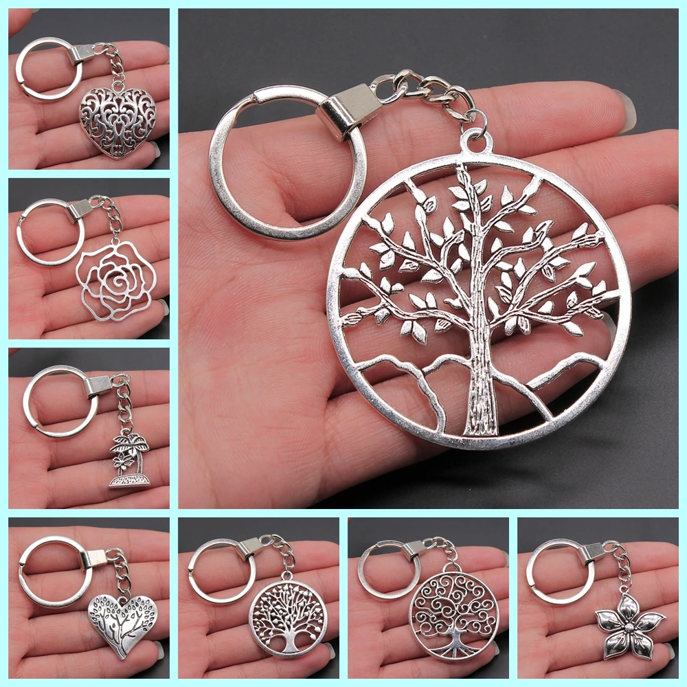 New Fashion Men 30mm Keychain DIY Metal Alloy Holder Chain Vintage Heart Flower Rose Sunflower Tree Pendant Keyring