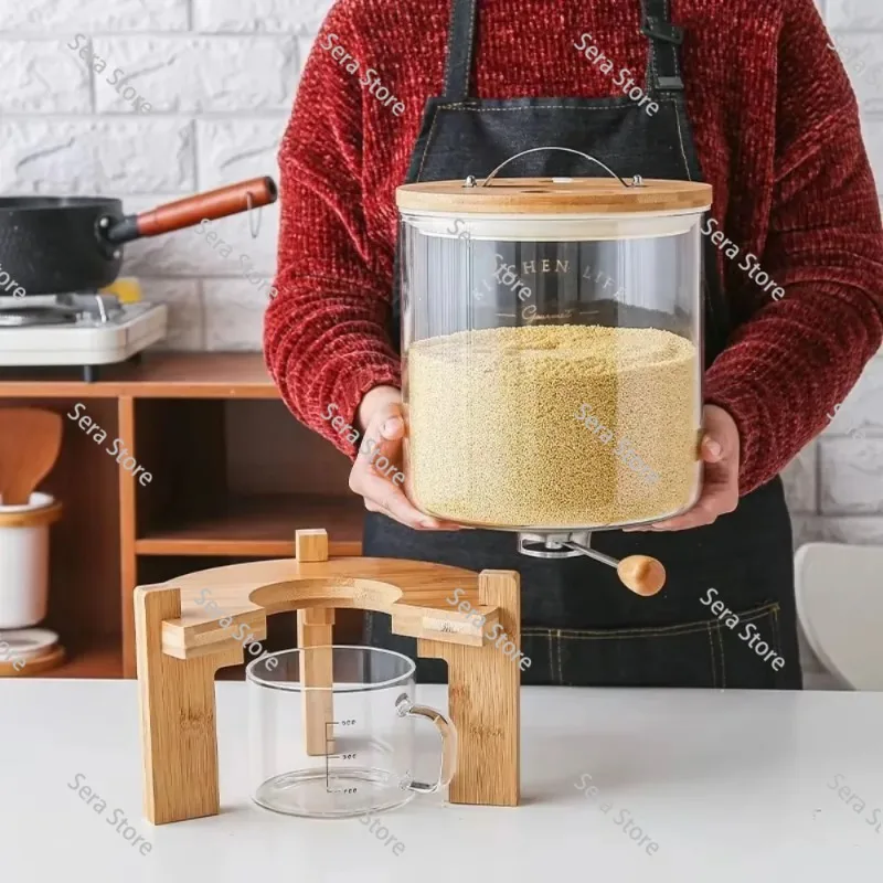 Bamboo Grain Dispenser Rice Dried Food Dispenser Glass Container with Cover Wooden Food Rice Kitchen Storage Container