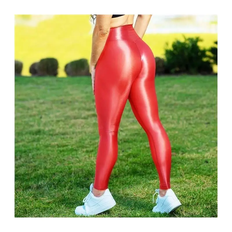 Unisex High Waist Oil Shiny Yoga Pants Smooth Glossy Butt Lifting 9-Point Fitness Leggings