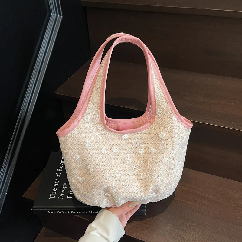 

​​2025 Summer Straw Underarm Bag Elegant Lace Trimmed Beach Tote Casual Boho Shoulder Purse Stylish Womens Vacation Handbag​