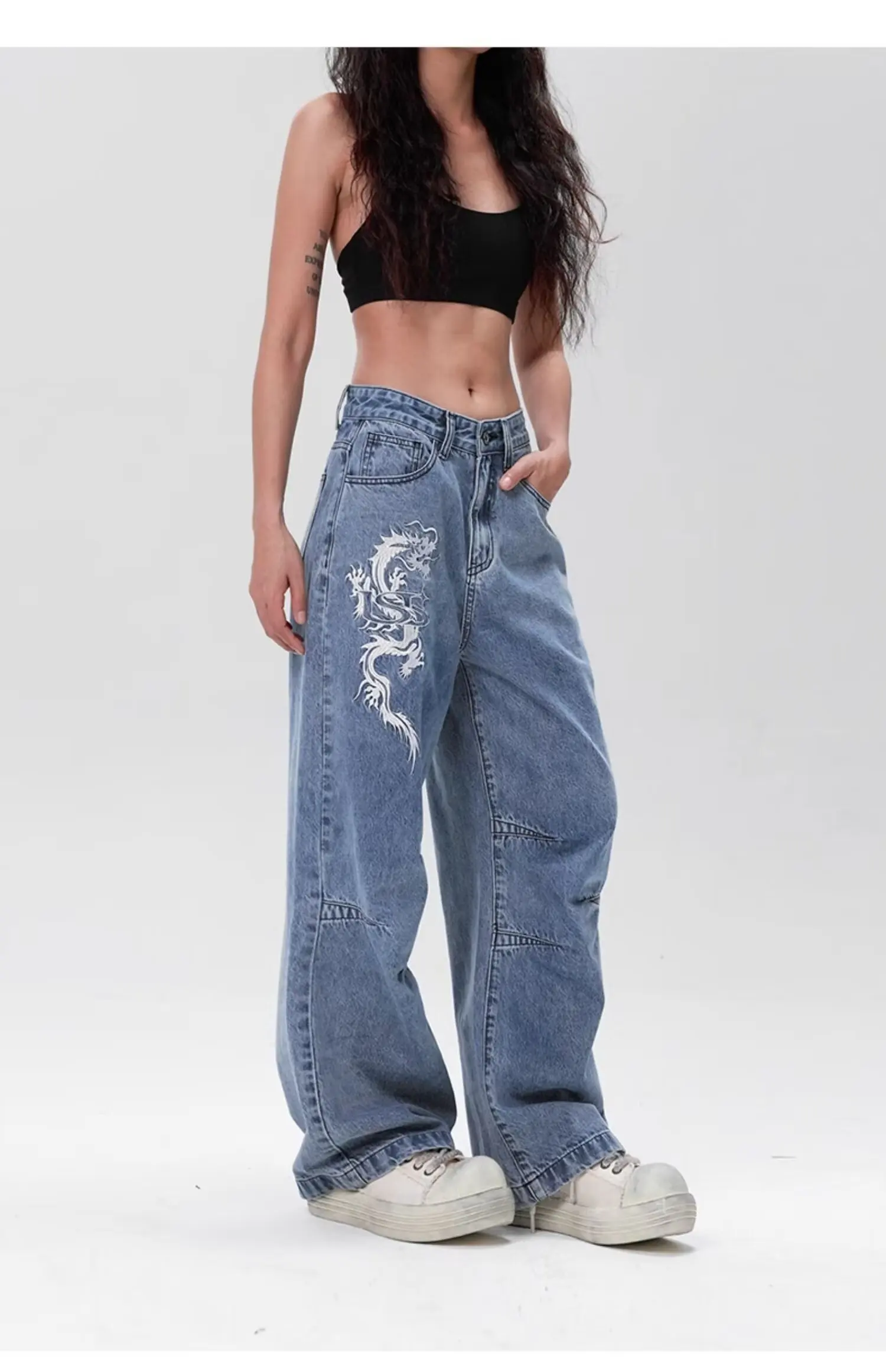 American Fashion High Waisted Jeans for Women Dragon Embroidery Loose Draped Straight Pants High Street Retro Jeans Womens New