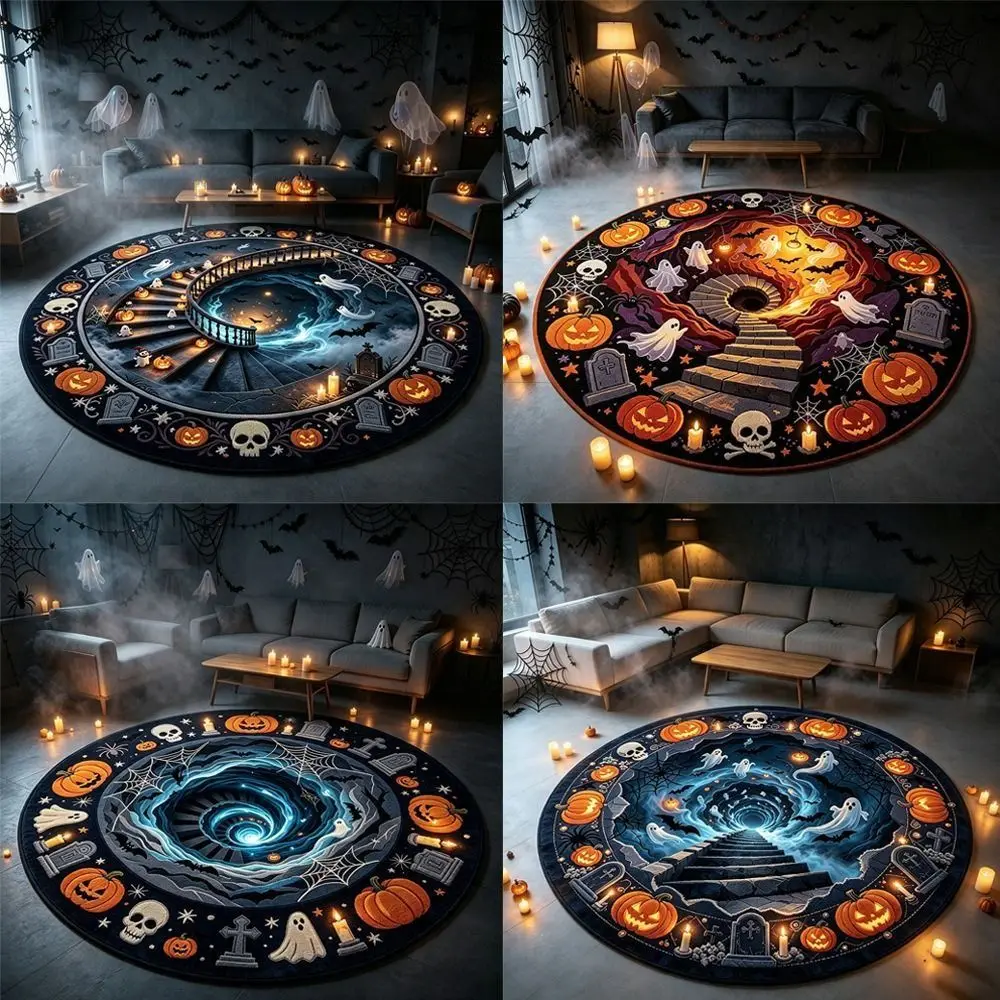 Crystal Velvet 3D Haunted Staircase Round Rug Spooky Optical Illusion Halloween Area Mat Non Slip Thickened Floor Mat