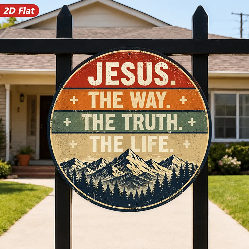 2D Flat, [2D Flat] 2D Flat Print 1pc Round Metal Iron Sign, Wall Art, Jesus The Way The Truth The Life Wall Art, Mountain Forest