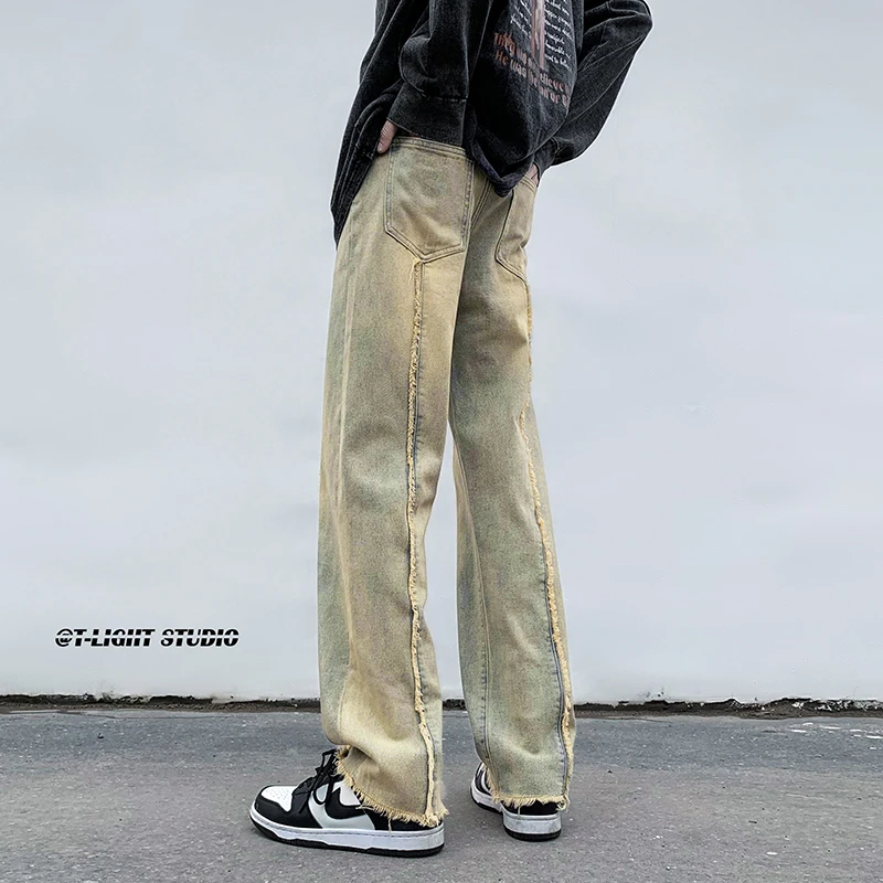 

High Street Casual Straight Jeans Men's Streetwear Fashion Hip Hop Patchwork Denim Trousers Burr Pants Retro Blue Black