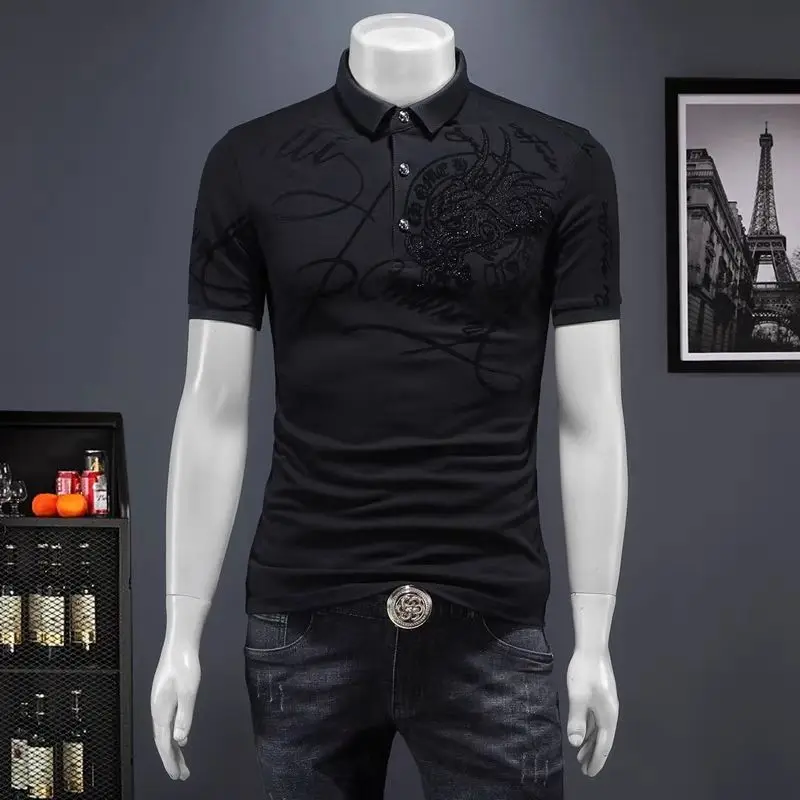 American T-shirt Printed Iron Diamond Slim Short-sleeved Top Business Middle-aged Men's Lapel Black Versatile POLO Shirt Trendy