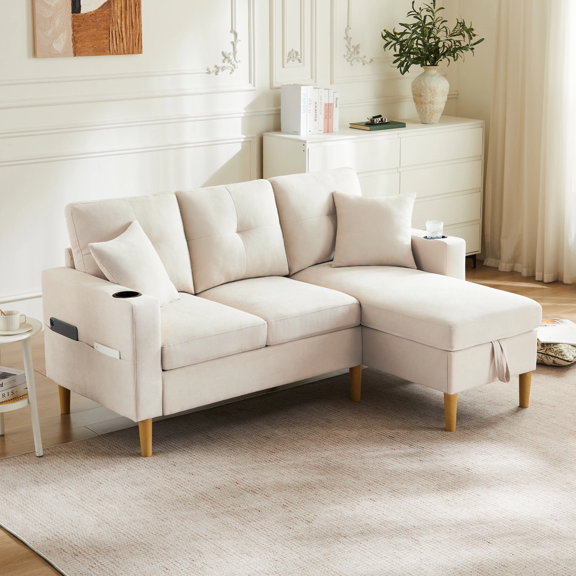 Canapé d'angle moderne en forme de L avec chaise longue, siège de rangement, porte-gobelets et 2 oreillers - Canapé 3 places avec rangement dissimulé, poches latérales, tissu coton-lin pour salon, bureau, appartement