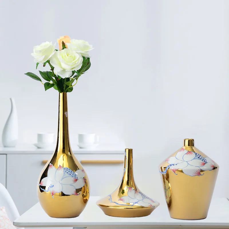 Ceramic Vase Ornaments Retro Style Creative Light Luxury Golden Lotus Flower Living Room Entrance Residence Soft