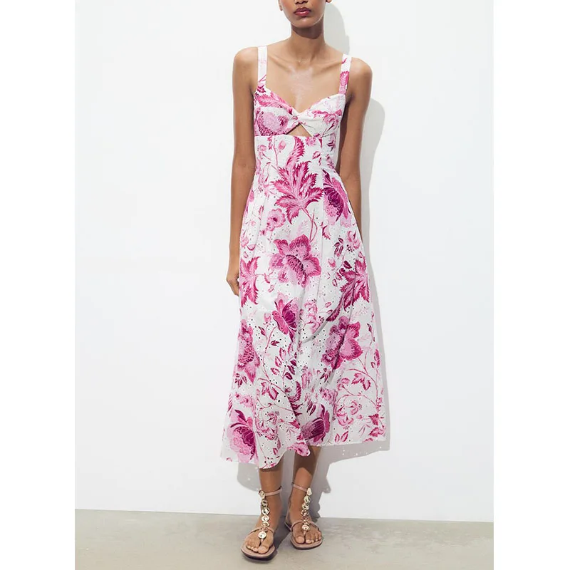 فستان نسائي صيفي جديد بحمالات عريضة وتطريز مفرغ وطباعة وياقة على شكل V، مناسب للشاطئ والعطلات، مصنوع من 00% ألياف البوليستر