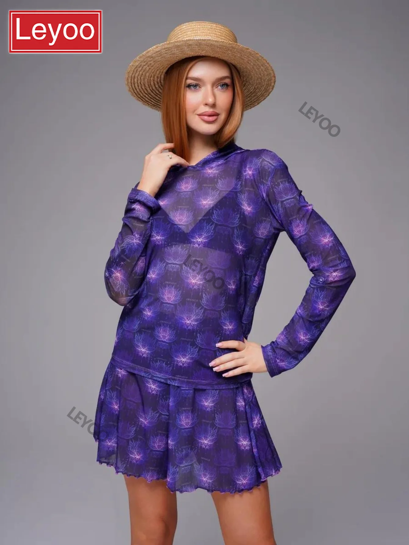 2026 New Arrival Mesh Print Beach Cover-Up Hooded Long Sleeve Shorts Split Set Sun Protection Swimsuit Sun Cover-Up