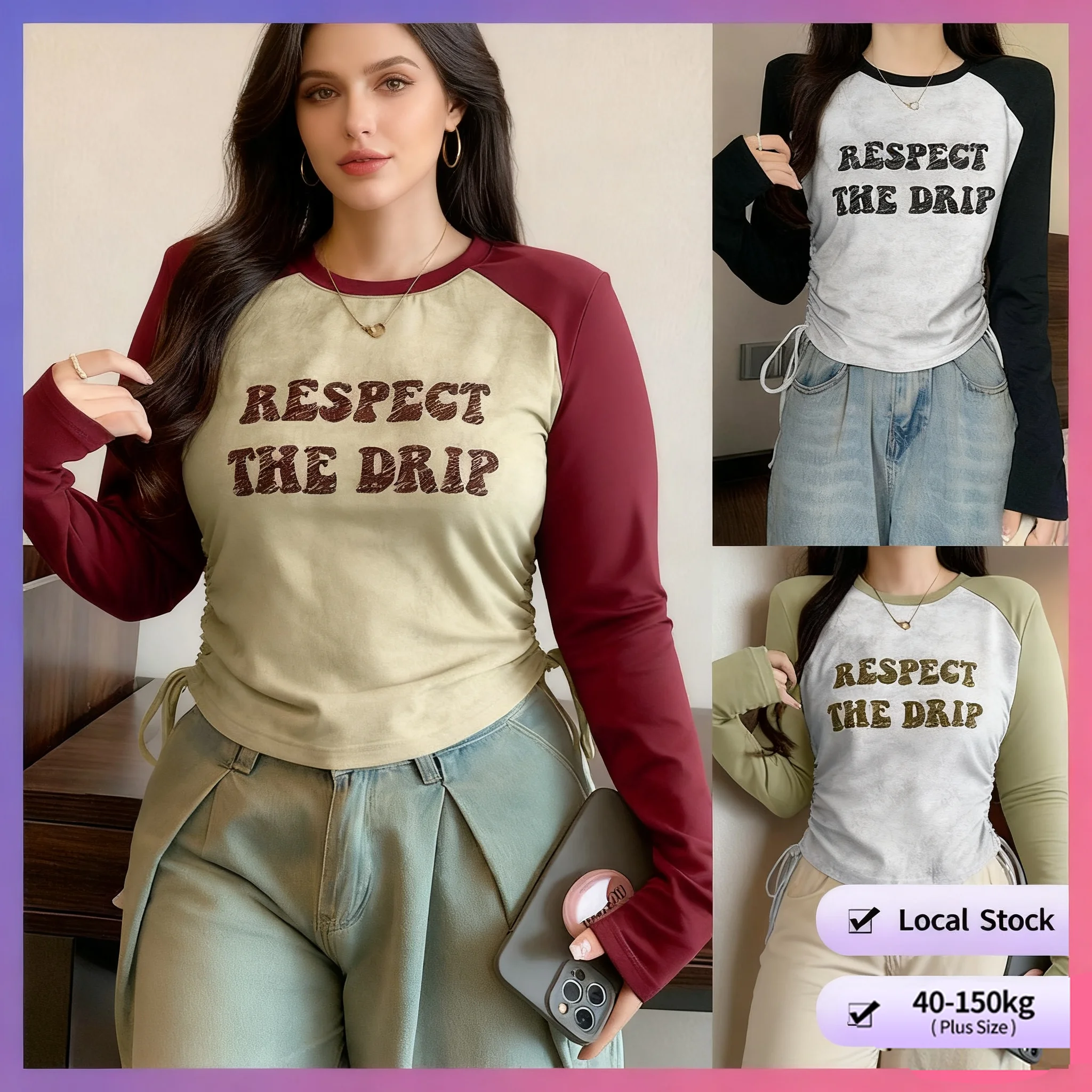 

【Большой размер】 Женские топы реглан с длинными рукавами и принтом букв, короткая футболка большого размера в корейском стиле, топ больших размеров с завязками на шнурке