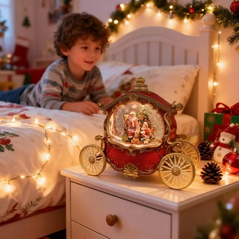 Creative Red Vintage Santa Claus Carriage Music Box Christmas Decoration Music Bell Crystal Ball Light Table Ornaments Xmas Kids