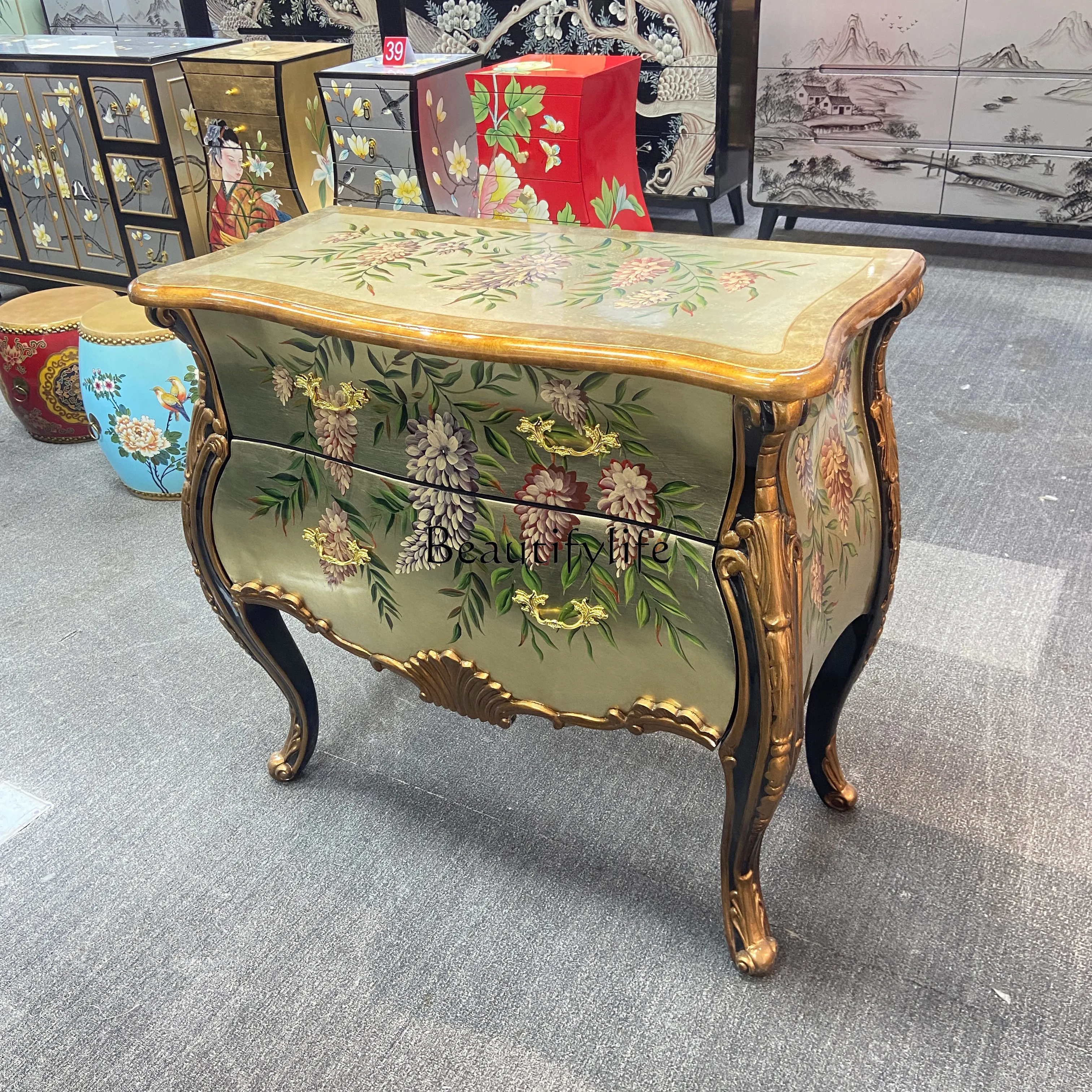 French retro plant flower American chest carved porch side cabinet square