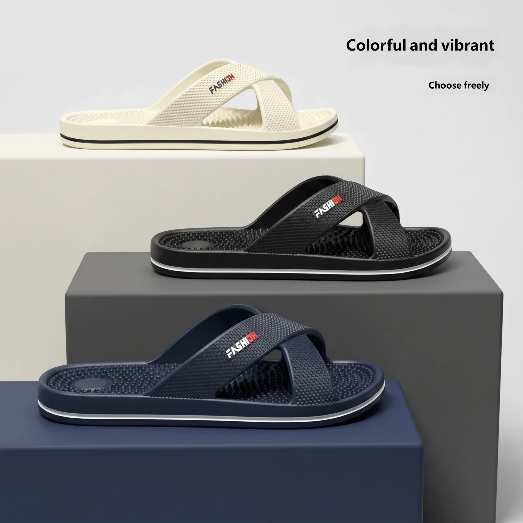 Male Fashion Cross Band Slides Massage Granulated Insole Non Slip Soft Summer Home Shower Outdoor Walking Slippers