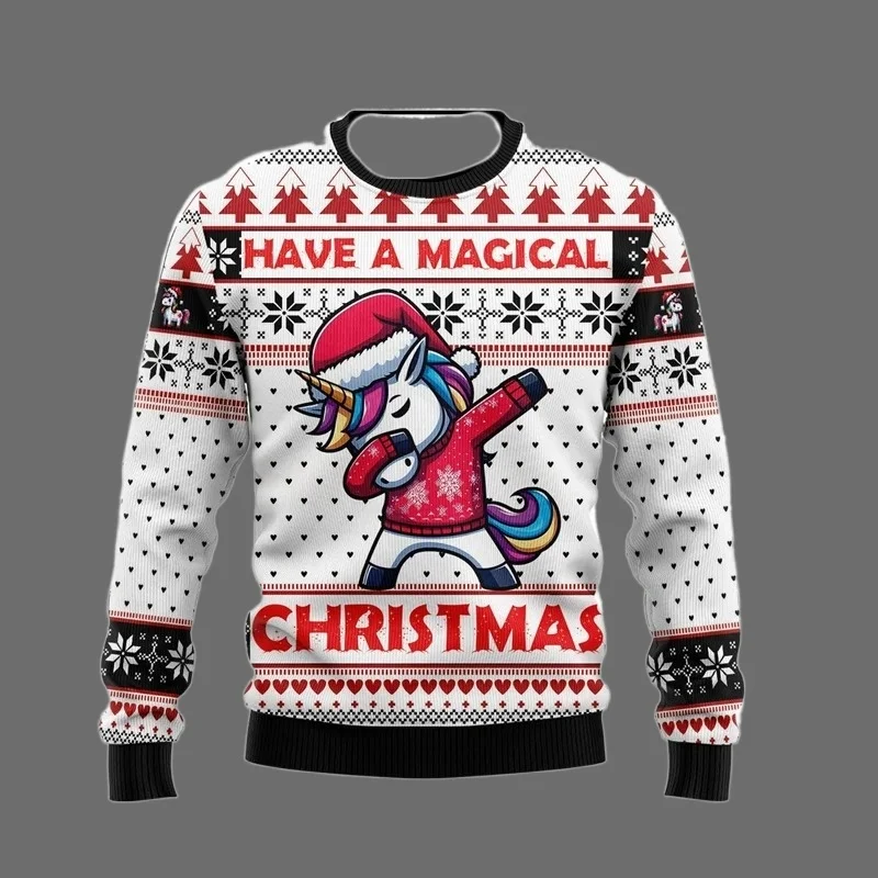 패션 유니콘 어글리 크리스마스 스웨터 트렌드 남녀 공용 3D 프린트 크리스마스 스웨트셔츠 캐주얼 스트리트웨어 오버사이즈 풀오버 트랙슈트