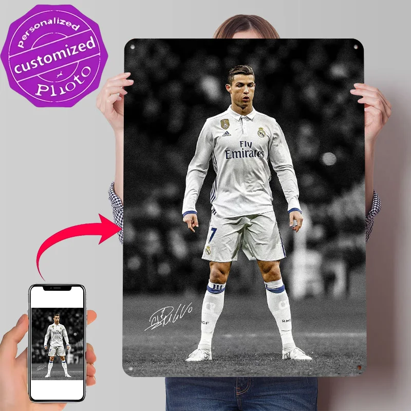 Cristiano Ronaldo 3D Texture Metal Poster Customized Wall Art Tin Sign Gift for Mancave Home Decorations Living Room Desk Decor