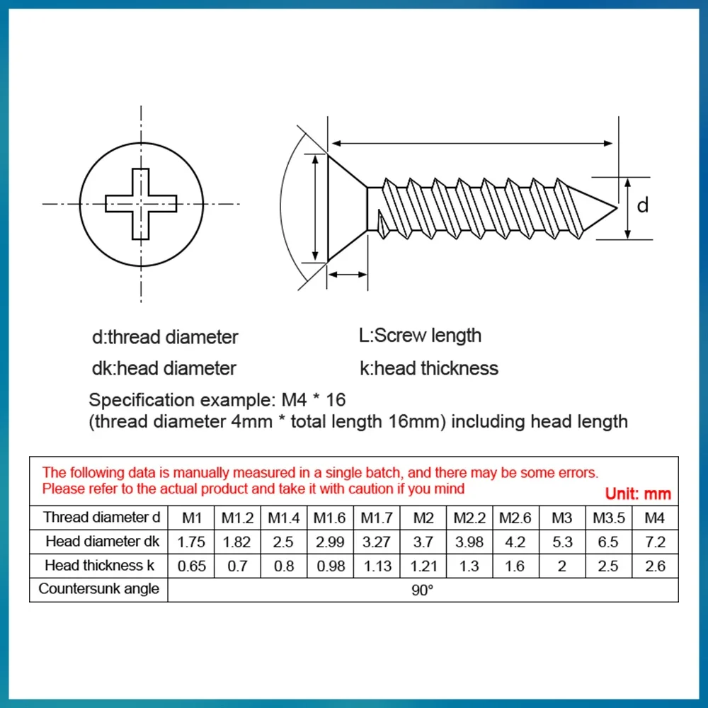M1 M2 M3 M4 M5 M6 Phillips Self Tapping Metal Screws 304 Stainless Steel Cross Countersunk Metal Bolt DIY Woodworking Wood Screw