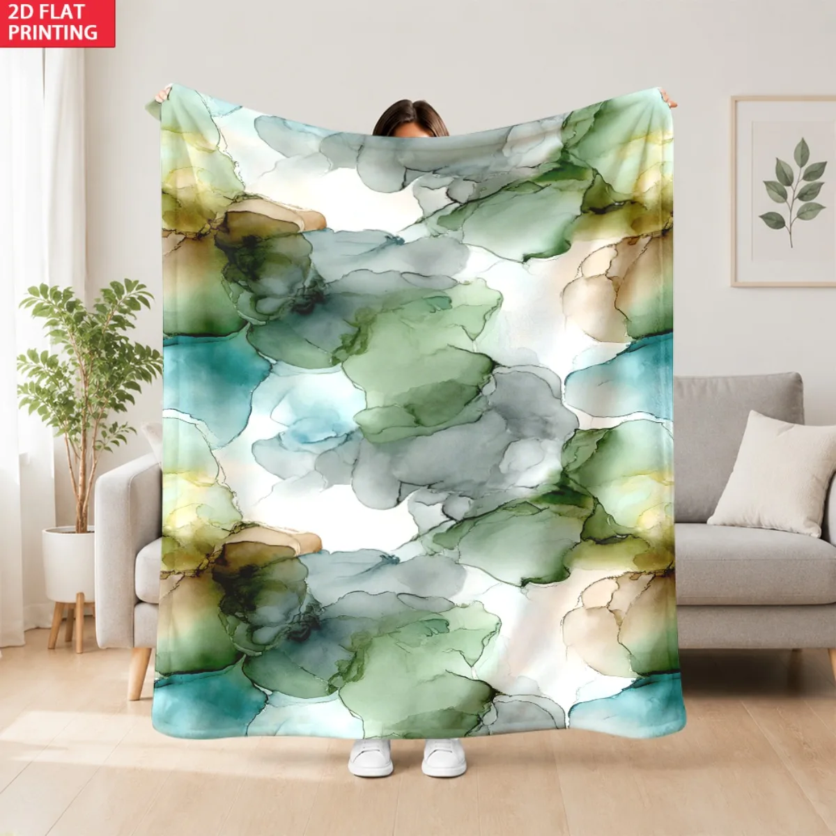2D Flat Printing 1pc Abstract Fluid Green Blue Brown Alcohol Ink Pattern Soft Flannel Throw Blanket Lightweight Warm Flannel Fou
