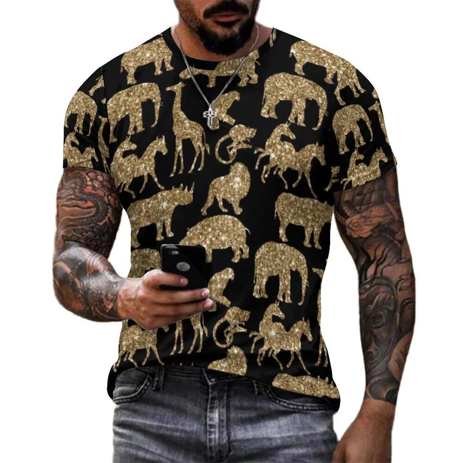 Wild Animal T Shirt Golden Glitter Print Hip Hop T-Shirts Male Casual Tee Shirt Summer Short Sleeve Graphic Tops Large Size
