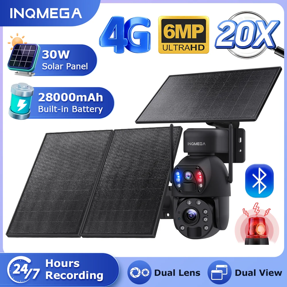 

INQMEGA 6MP 4G Solar Security Camera 30W Solar Panel 28000mAh Battery Dual-Lens WiFi PTZ Camera Outdoor Night Vision PIR Motion