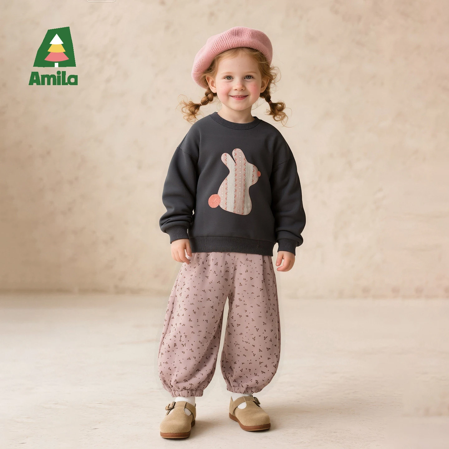 Amila Kids 2026 Winter Girls' Floral Casual Pants With Elastic Waist And Toe Tight, With Velvet Inner For Warmth
