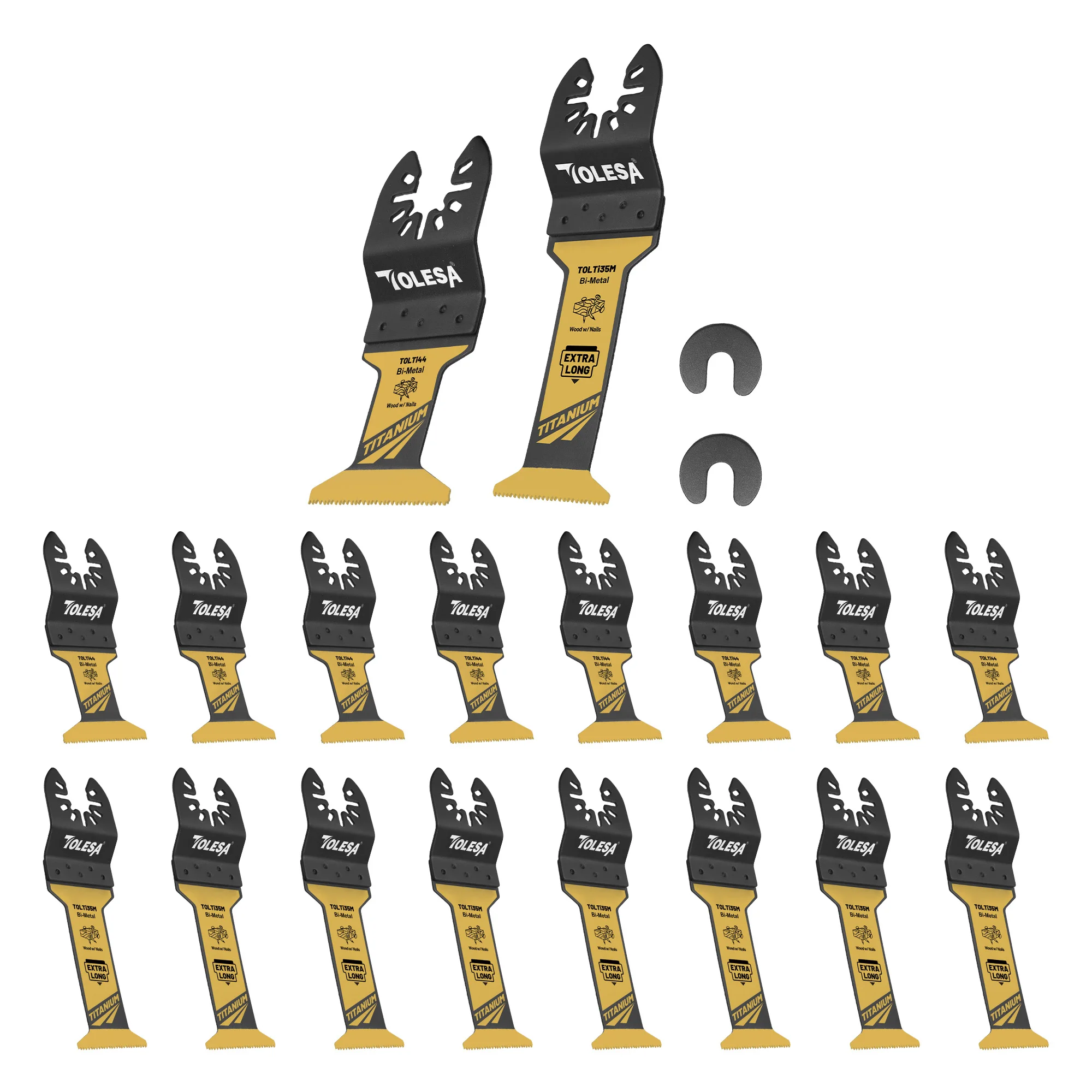 

TOLESA 16pc Extra-Long Titanium Oscillating Saw Blade for Metal Wood Plastic Bi-Metal Saw Blade Universal Quick Release Tool Kit