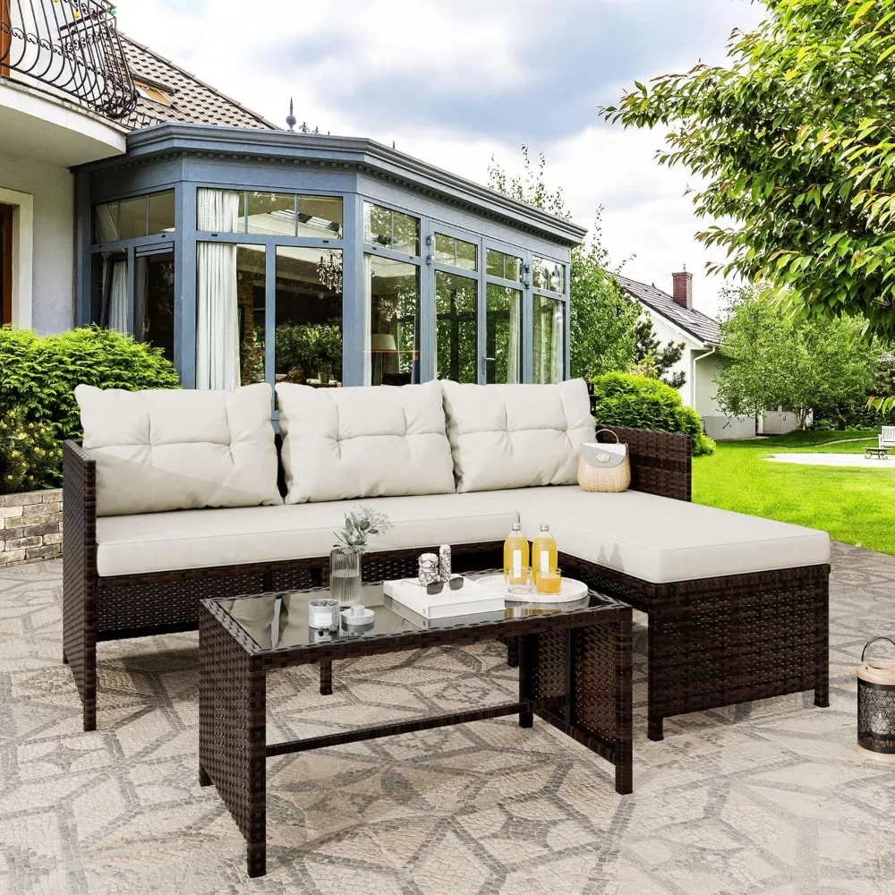 

3 Piece Patio Furniture Sets, All-Weather PE Wicker Outdoor Sofa Couch Sectional Set, Small Conversation Set for Garden/Patio w
