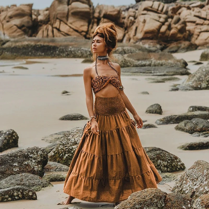 Boho Forest Fairy Tiered A-Line Skirt Pockets Convertible Bustier Dress Women Vintage Hippie Gypsy Maxi Skirt Versatile Sarong