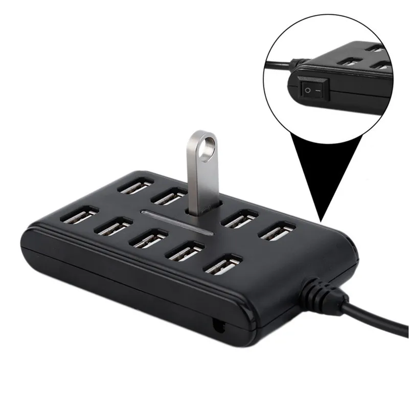 USB 2.0 10-Port HUB, USB Splitter with Individual On/Off Switch, Powered USB Extension Dock for Flash Drive, Mouse, Keyboard