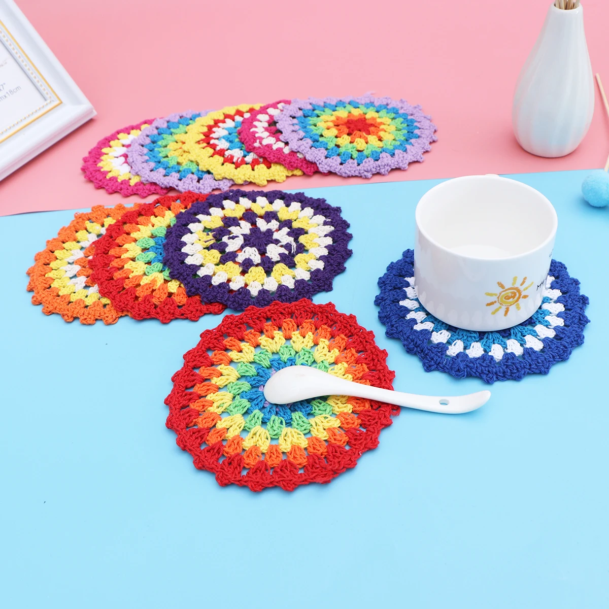 

5pcs Crochet Placemat Round Cotton Coaster Handmade Cup Mat Table Protector Anti Skid Home Decoration Dining Hall Kitchen Gift