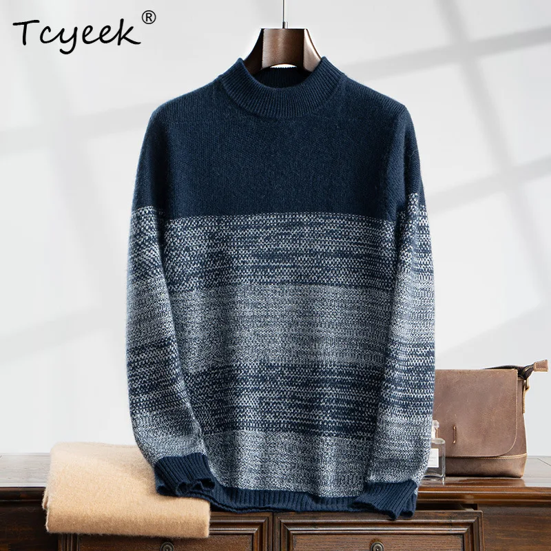 

Tcyeek, 35% Cashmere 65% Wool Thick Sweater, Men Mock Neck Striped, Business Versatile Pullover, 2024 Autumn Winter T47964QC