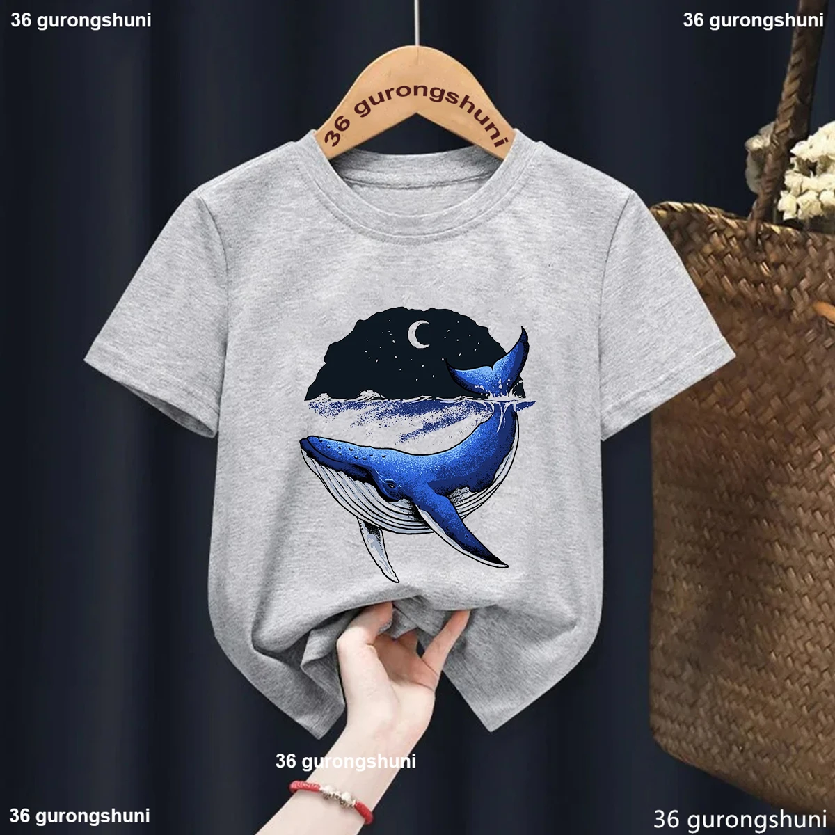 Dolphin Moon Printed T Shirt For Girls/Boys Funny Kids Clothes White/Pink/Blue/Gray Tshirt Summer Fashion Tops Tee Shirt