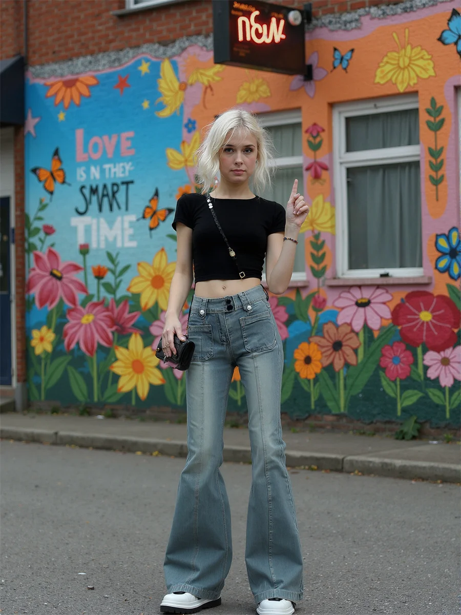 Flare slanke skinny vloerjeans dames uitlopende been fit hoge taille baggy patchwork geplooide vintage geborduurde blauwe zak