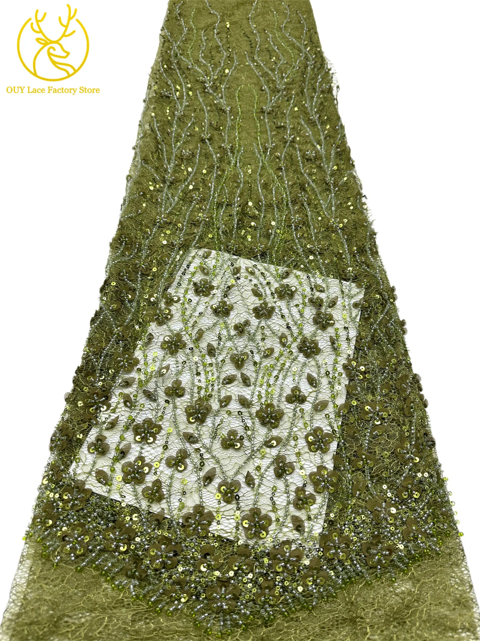 Olivgrüner afrikanischer Brautkleid-Spitzenstoff 2026, hochwertige nigerianische Pailletten-Stickerei-Spitze für Brautkleider und Partykleider zum Nähen – Detail 22