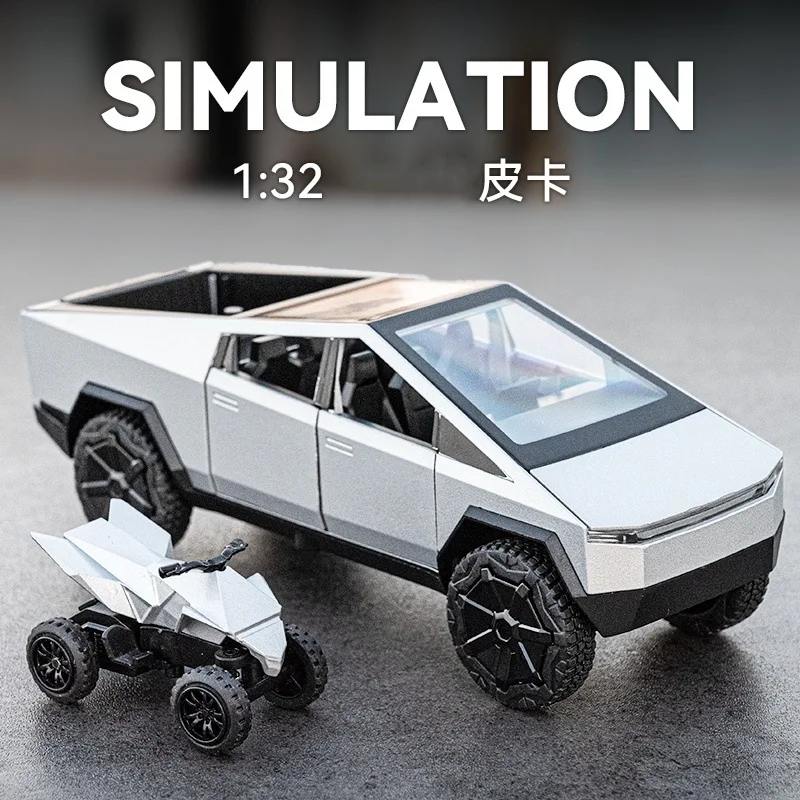 

1: 32 Tesla пикап грузовик с моделью из сплава мотоцикла, многодверный звук и фотоаксессуары, коллекционный подарок