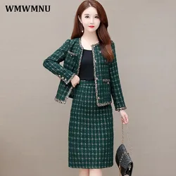 Vintage Green Plaid Tweed Skirt 2 Piece Set Women Elegant Outfits Slim Spring Fall Jacket And Korean Straight Midi Skirts Suit